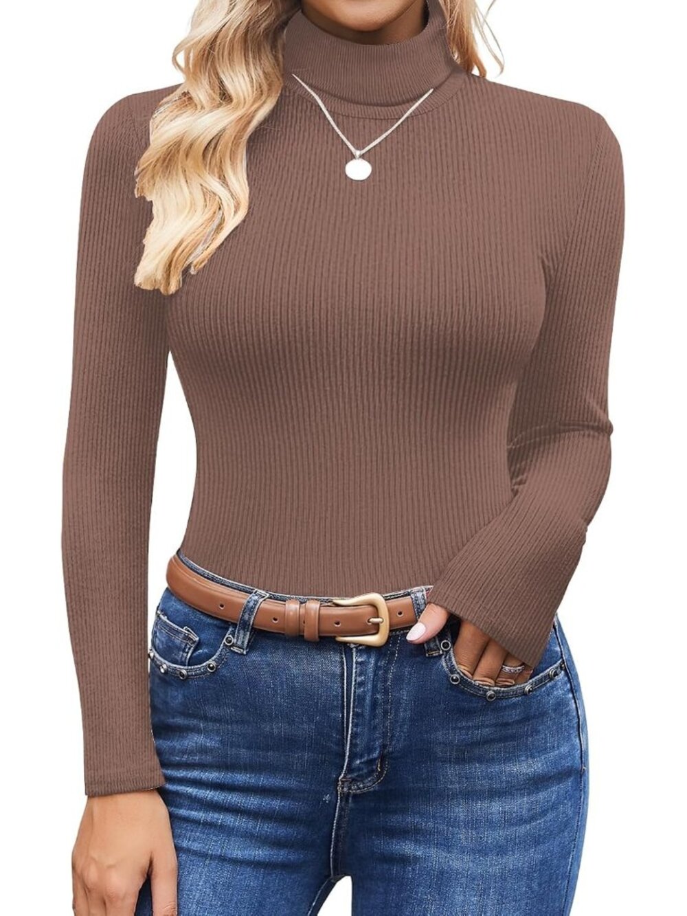 Women's Light Brown Ribbed Knit Mock Turtleneck Long Sleeve Slim Fit Thermal Top